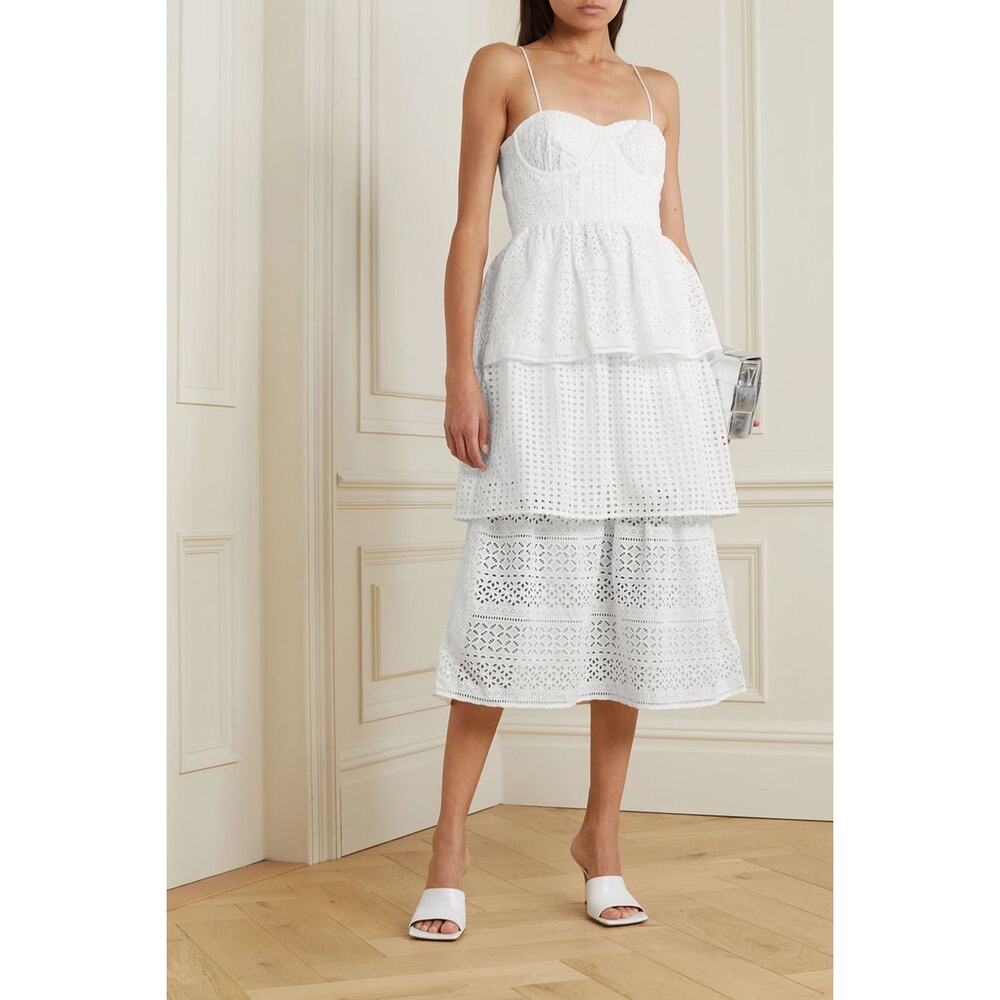 SELF-PORTRAIT White Tiered Bridal Broderie Anglaise Cotton Voile Midi Dress Sz 6